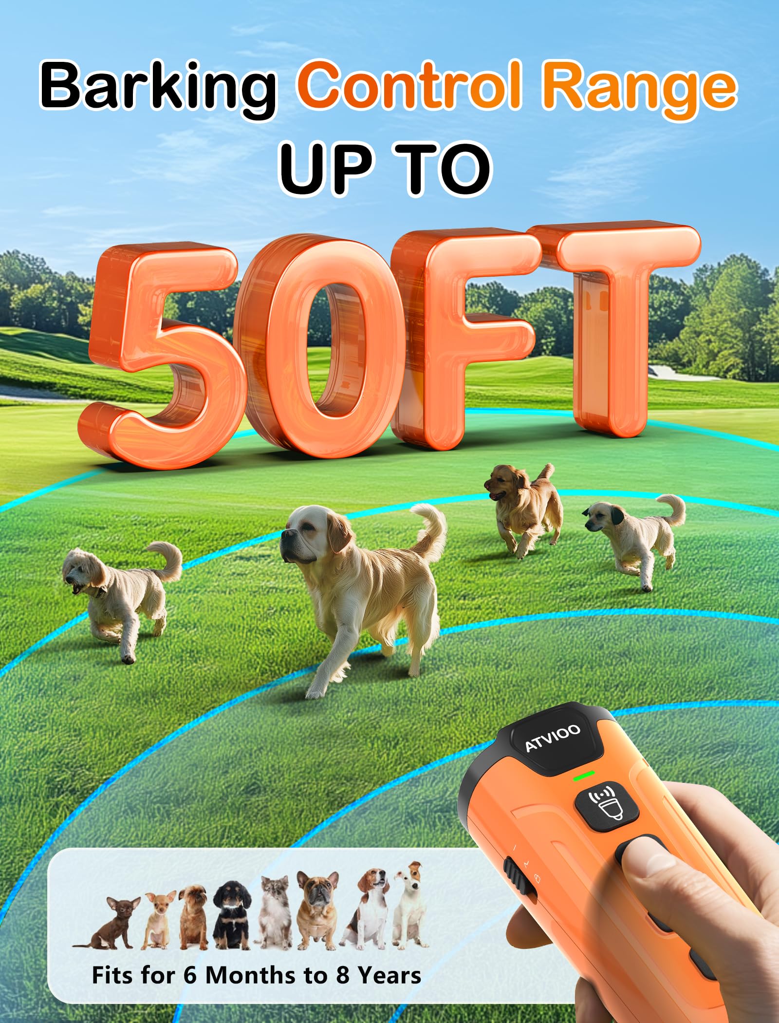 Atvioo Dog Bark Deterrent Device - Ultrasonic Anti-Barking Devices With 3X Sonic Emitters, Up To 50Ft Long Range & Rechargeable